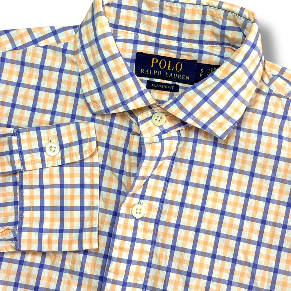 Polo Ralph Lauren Button Down Shirt Mens Small Orange Blue Check Classic Fit